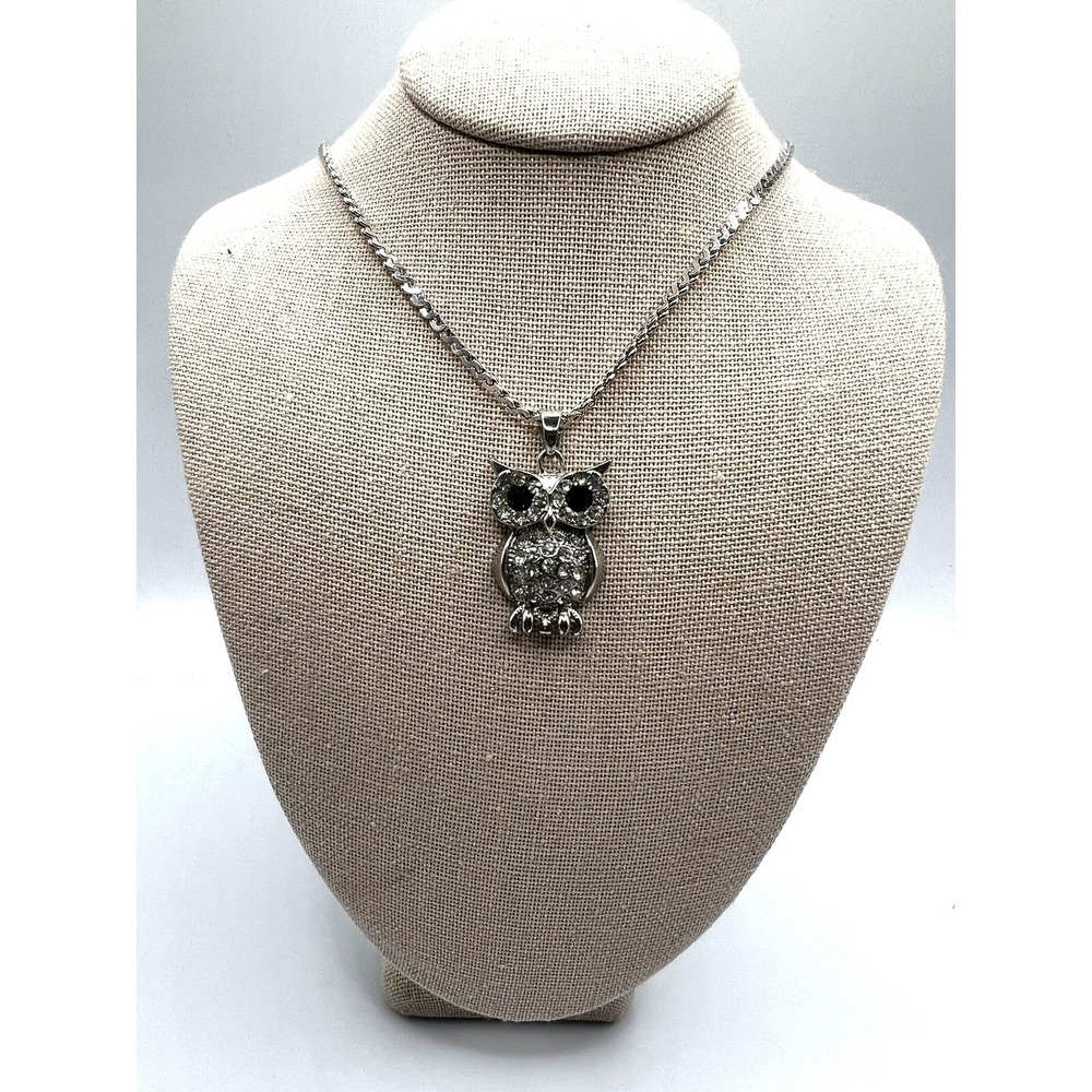 Monet Chain Necklace  With Crystal & Black Rhinestone Owl‎ Pendant